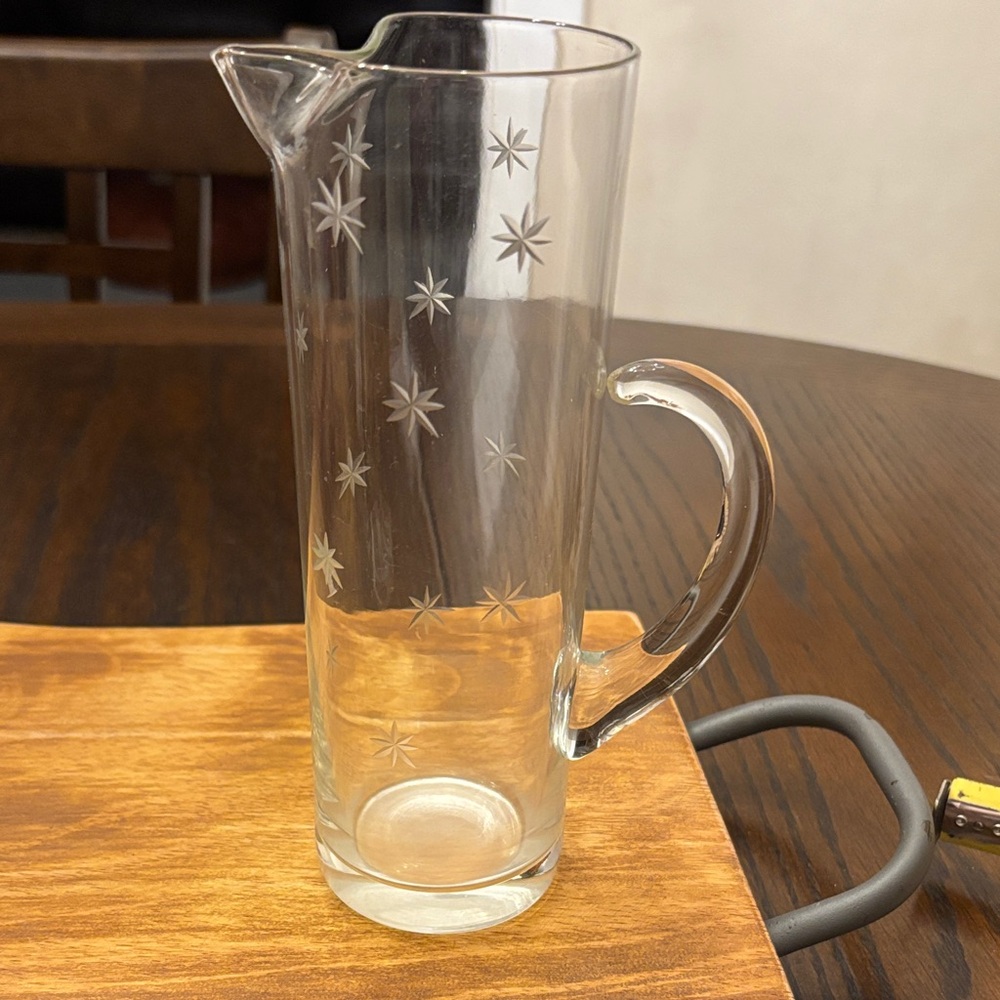 Mid Century Atomic Etched Glass Pitcher